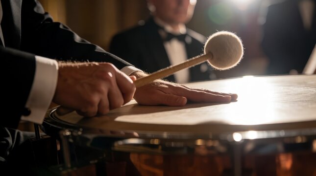 Close-Up of a Musician Playing a Timpani with a Mallet in a Concert Setting