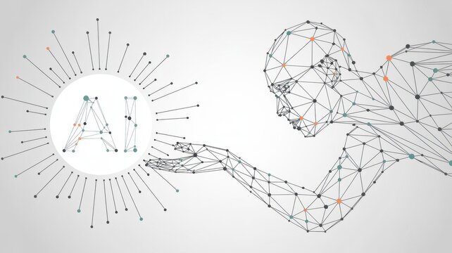 Artificial intelligence concept featuring a wireframe human silhouette interacting with a digital network node on a clean white background
