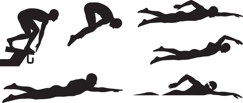 Set of swimming silhouettes showing various strokes and diving poses for sports design and athletic activity concepts