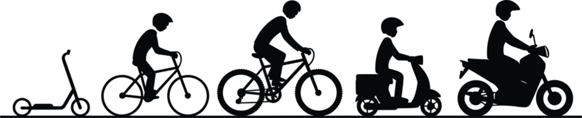 Obraz premium Personal Transportation Silhouettes Collection Featuring Scooter Bicycle Mountain Bike Moped and Motorcycle Riders Vector Set