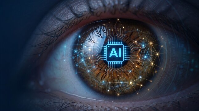 Close up digital eye reflecting artificial intelligence technology futuristic concept