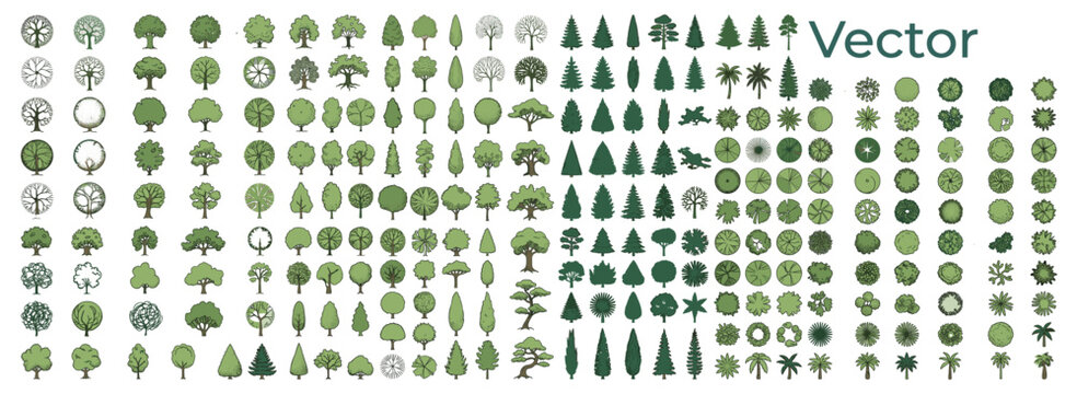 Architectural tree plan symbol set with top view greenery, bushes and botanical elements for landscape design, site planning, floor plans and technical drawings