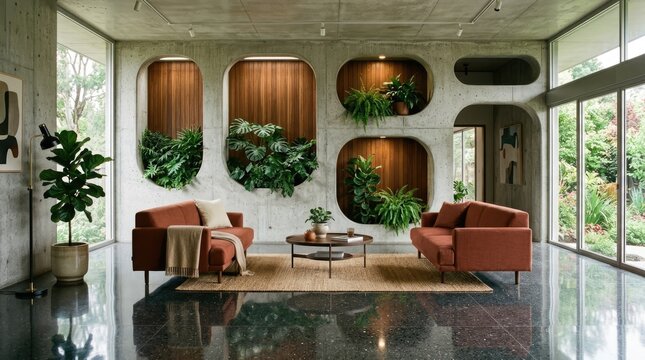 Contemporary seating area with recessed wood and indoor plants.