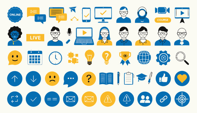 Set of business and education icons, online course symbols, and communication technology elements.