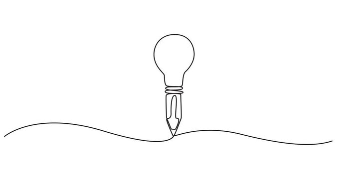 Animated self drawing of Continuous line drawing of a pencil combined with a light bulb, concept of creative writing and idea generation. Full length one line animation. 4K video