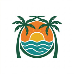 Obraz premium Beautiful Tropical Bay Sunset Logo with Two Coconut Palm Trees Modern Vector Design Template