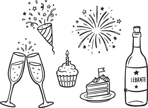 Collection of hand drawn celebration icons including champagne glasses fireworks party popper cupcake cake and wine bottle for birthday party event design and festive graphics.