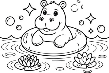 Cute cartoon hippopotamus enjoying a swim in the water on a float toy with lilies and bubbles and feature, lily pad