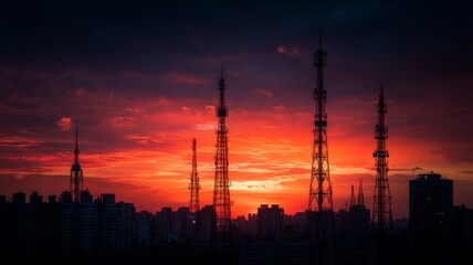 Fototapeta premium Sunset skyline with silhouetted communication towers. AI generated