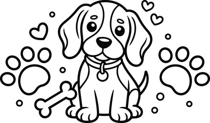 Cute puppy dog for childrens coloring book, adorable animal with heart shapes, paw prints, and a bone for creative activity and print © Pappu0099