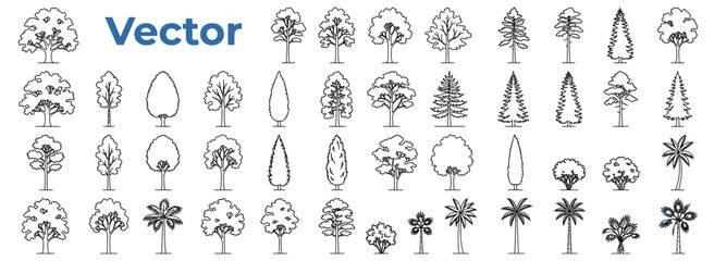 Minimal CAD tree outline set with side view vegetation symbols for architectural plans, landscape design, site elevations, garden layouts and urban planning vector illustration © JIm Studio