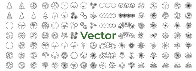 Fototapeta premium Top view landscape architecture symbol set with minimalist trees, plants and shrubs for site plans, garden layouts, mapping and urban planning vector illustration