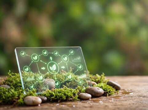 Green Energy Investment Concept Digital Ledger Visualization with Moss and Stones