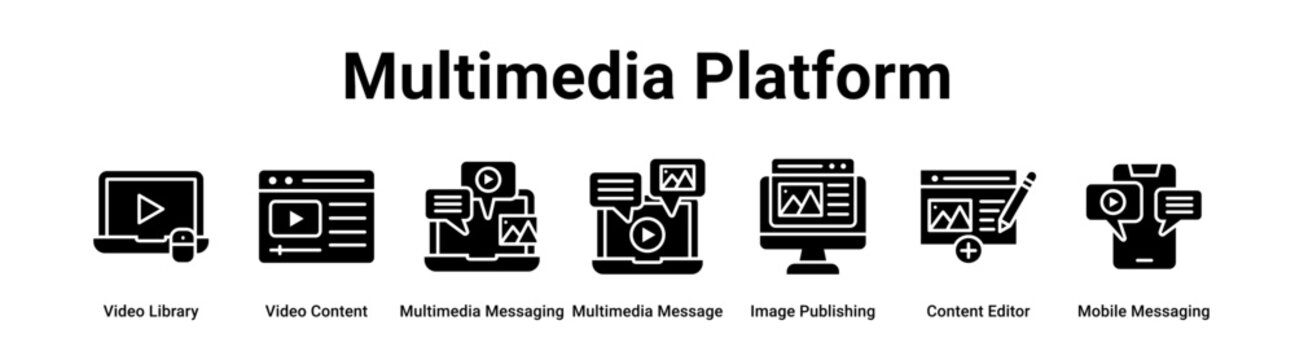 Multimedia Platform web banner icon vector illustration concept for business with icon of Video Library, Video Content, Multimedia Messaging, Multimedia Message, Image Publishing, Content Editor,.
