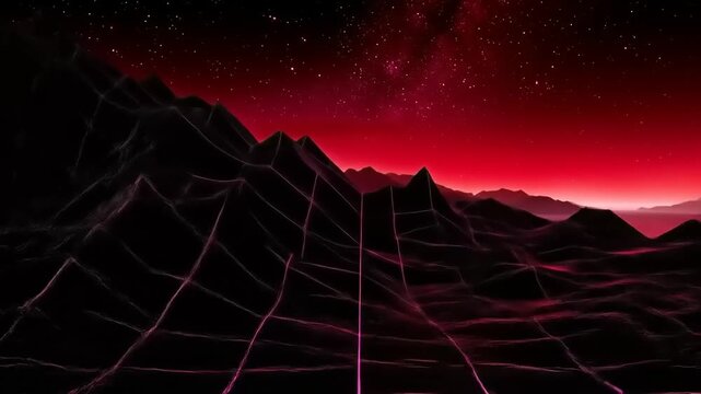 Abstract red grid landscape with mountains and starry sky background