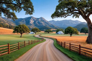 Fototapeta premium Sun-drenched country lane leading to white farmhouses framed by oak trees and distant mountains
