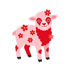 Fototapeta premium Cute cartoon lamb with heartshaped markings and flowers isolated on transparent background