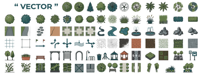 Grunge tree canopy collection in top view, textured vegetation symbols for landscape architecture, urban planning, garden layouts and botanical site design © JIm Studio