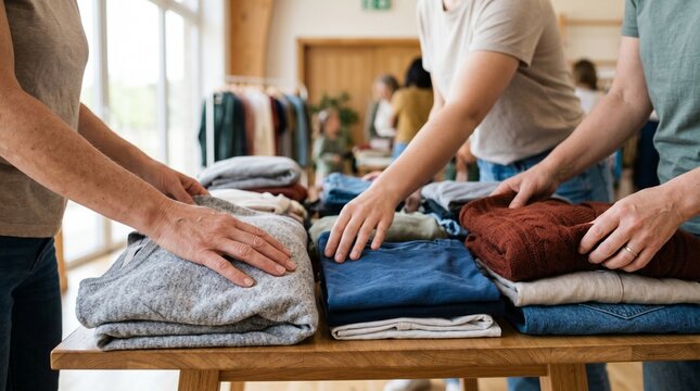 Adults choose neatly folded unbranded clothing from a clean community swap table. The image represents sustainable reuse, inclusive community, and accessible everyday support.
