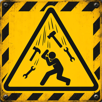 Vintage industrial warning sign, yellow metal caution plate for falling objects, weathered construction safety symbol with tools and person isolated on White Background ai