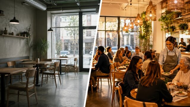 Quiet cafe and lively dining room with friendly server