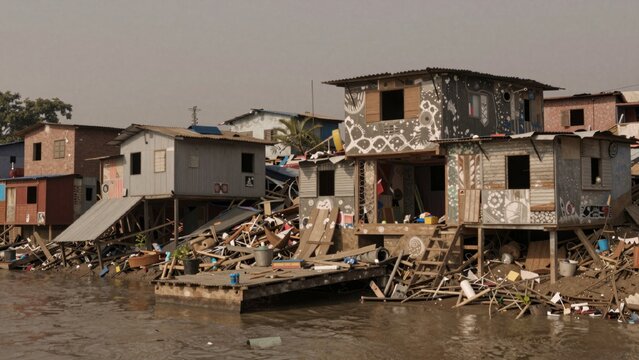 Group dilapidated houses stilts middle body water made wood metal having sloping roof others flat walls covere