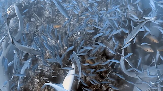 A mesmerizing glimpse into Fiji's ocean depths. Peaceful nurse sharks and their remora escorts journey through a colossal, glittering school of fish, creating a stunning aquatic tapestry in daylight.