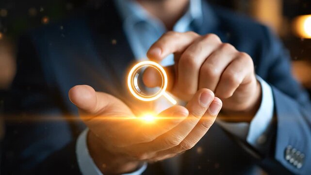 A close up of a European businessman hand holds softly a glowing search optimization icon for marketing in a moody office search marketin 3