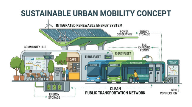 Sustainable Urban Mobility Concept: Eco-friendly Buses, Renewable Energy Hub