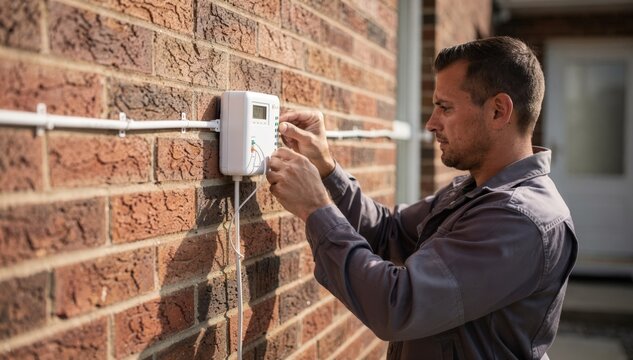 Medium shot of a technician mounting an optical network terminal on a brick facade with the house entrance blurred in the background highlighting fiber to the home installation.