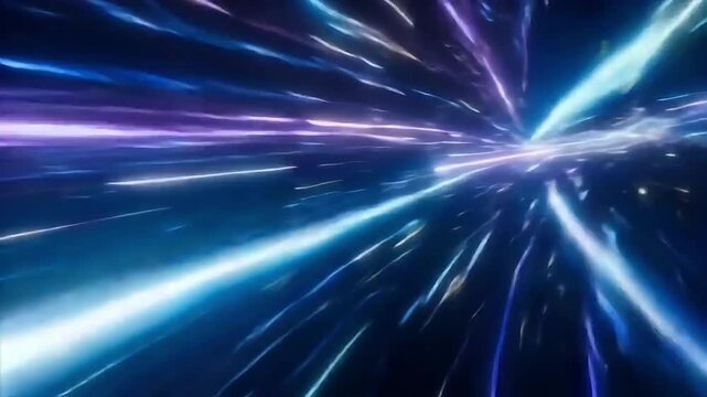 Vibrant streaks of light propel forward through a cosmic tunnel, suggesting speed and futuristic travel.
