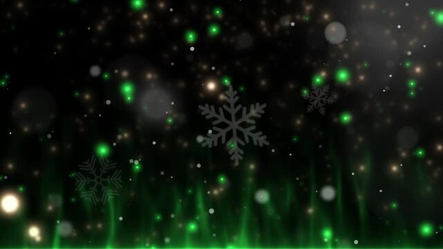 Glowing snowflakes fall against dark background with green lights