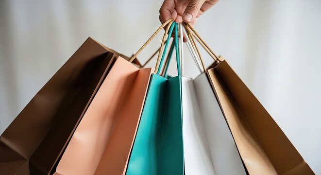 Multiple colorful paper shopping bags held by a hand retail concept