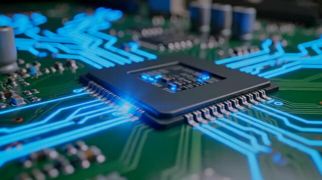 Closeup glowing microchip on motherboard with blue circuit traces illuminating solder joints and components, shallow depth of field highlights processor pins and signal pathways, futuristic hightech