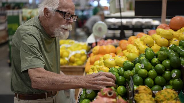 Elderly man enjoys shopping for fresh fruits and vegetables in a grocery store while picking items from the display