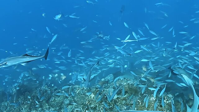 Observe the serene ocean depths of Fiji. Gentle nurse sharks glide with remoras and a bustling school of fish, painting a picture of harmony on the tropical reef.
