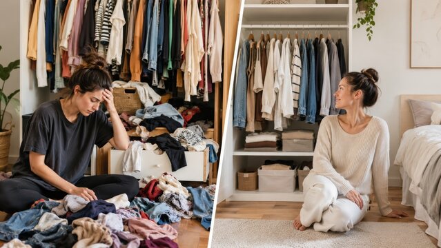 Clothing chaos and peaceful capsule wardrobe in a bright bedroom