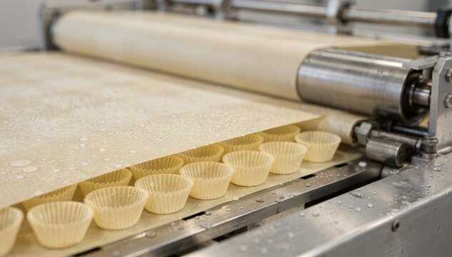 Medium shot of greaseproof paper baking cups being diecut and molded emphasizing nonstick texture and moisture resistance in a hygienic manufacturing environment.