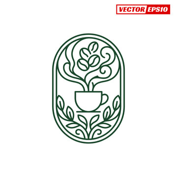 Elegant Coffee Cup with Beans and Leaves Emblem.