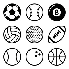 Fototapeta premium Generic Sport Balls Outline Icons Set. Vector illustration of athletic game equipment for soccer, baseball, golf, tennis, basketball, and more.