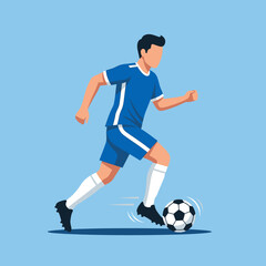 Obraz premium Dynamic male soccer player in a blue uniform actively dribbling a football during a game. Flat vector illustration of a sports action.