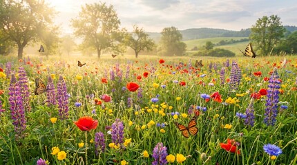 Fototapeta premium Vibrant summer meadow filled with blooming red poppies and purple lupine flowers featuring several delicate monarch butterflies fluttering gracefully under a soft golden sunset light that illuminates 
