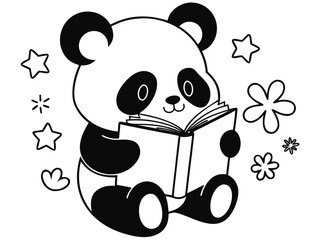 Cute panda bear reading a book with flowers and stars skateboard coloring page © VectorMSbd 