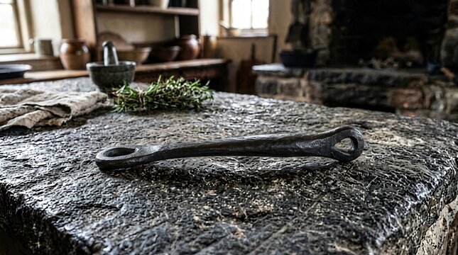 Antique Tongs Resting on a Textured Stone Surface in a Rustic Kitchen.