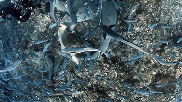 Deep in Fiji's vibrant waters, a spectacular gathering unfolds. Graceful nurse sharks are surrounded by a shimmering school of fish, with faithful remoras hitching a ride.