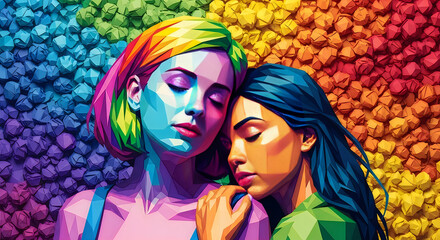Obraz premium Colorful pixel art portrait of two women with headscarves looking at each other in a bright abstract background