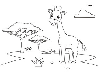 Fototapeta premium Giraffe in african savannah cartoon illustration for children's education skateboard coloring page