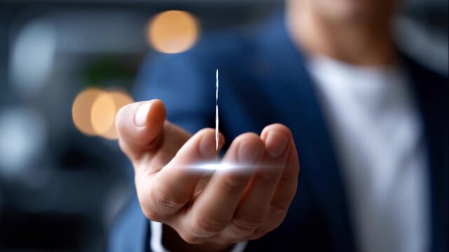 A close up of a European hand holds softly a glowing smart robot AI assistant icon in a moody office smart robot faceless detail softly 3