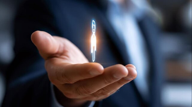A close up of a European hand holds softly a glowing smart robot AI assistant icon in a moody office smart robot faceless detail softly 4