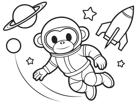 Astronaut monkey in space with rocket and planets skateboard coloring page